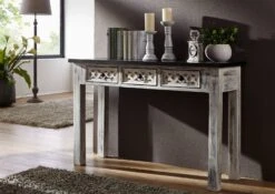 Tavolino Da Consolle In Legno Di Mango / Acacia 120x40x76 Bianco Cerato CASTLE-ANTIK #225