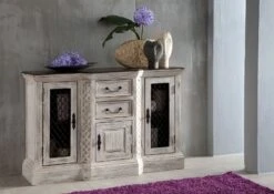 Credenza In Legno Di Mango / Acacia 135x50x90 Bianco Cerato CASTLE-ANTIK #215