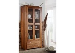 Vetrina In Legno Di Acacia 90x40x190 Miele Dorato Laccato SHAMAN #75