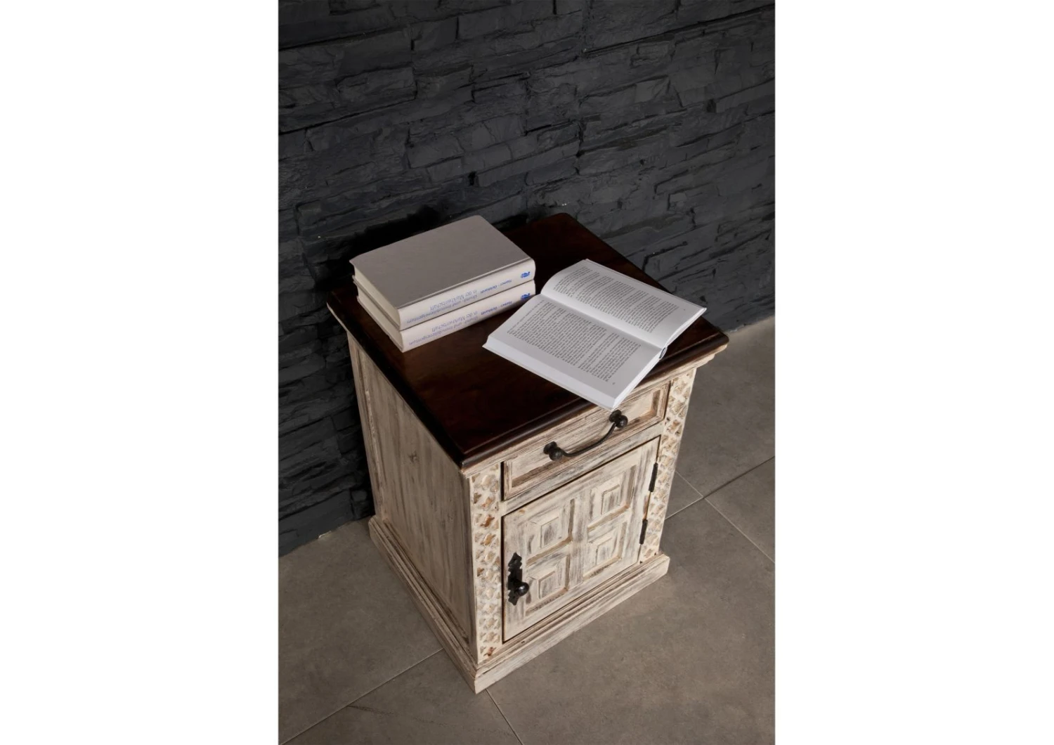 Comodino In Legno Di Mango / Acacia 45x40x60 Bianco Cerato CASTLE-ANTIK #259 4 Comodino In Legno Di Mango / Acacia 45x40x60 Bianco Cerato CASTLE-ANTIK #259 - immagine 2