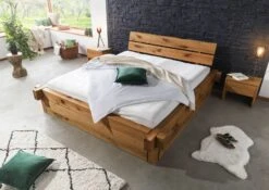 JANGALI #304 Letto Matrimoniale A Travi In Legno Di Cerro - 2 Cassetti - Oliato / Tabacco 200x200 -Massivmoebel24 06 640 771 3004 2