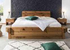 JANGALI #304 Letto Matrimoniale A Travi In Legno Di Cerro - 2 Cassetti - Oliato / Tabacco 200x200 -Massivmoebel24 06 640 771 3004 3