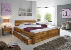 JANGALI #614 Letto Matrimoniale A Travi In Legno Di Quercia Selvatica - 2 Cassetti - Oliato / Natur 140x200