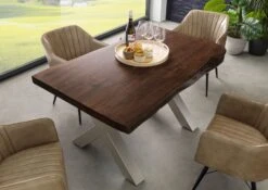 Tavolo Da Pranzo In Legno Acacia - Laccato Marrone / Ferro X - Argento Mat 140x90x77 FREEFORM 5 -Massivmoebel24 09 104 824 1911 2
