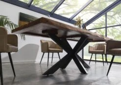 FREEFORM 5 Tavolo Da Pranzo In Legno Di Sheesham - Decapato / Grigio - Gambe Ad X Argento Matt 220x100 -Massivmoebel24 09 108 834 2223 03