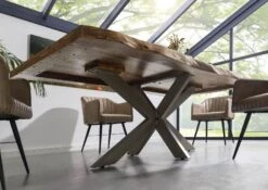 FREEFORM 5 Tavolo Da Pranzo In Legno Di Sheesham - Decapato / Naturale - Gambe Ad X Argento Matt 240x100 -Massivmoebel24 09 108 834 5923 03 2