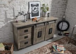 Credenza In Legno Di Mango 150x45x80 Grigio Scuro Laccato RAILWAY #200 -Massivmoebel24 09 312 772 1001 2