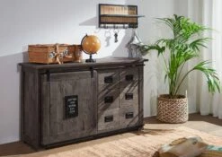 Credenza In Legno Di Mango 140x45x85 Grigio Scuro Laccato RAILWAY #221