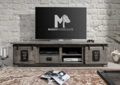 Mobile TV In Legno Di Mango 200x55x50 Grigio Scuro Laccato RAILWAY #251 12 Mobile TV In Legno Di Mango 200x55x50 Grigio Scuro Laccato RAILWAY #251 -Massivmoebel24 09 312 772 1038 3
