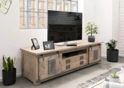 Mobile TV In Legno Di Mango 180x55x50 Sbiancato Laccato RAILWAY #346