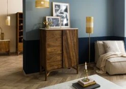 Cassettiera In Legno Di Mango 90x45x120 Marrone Oliato / Vero Marmo LOS ANGELES #10 -Massivmoebel24 09 312 891 0110 03