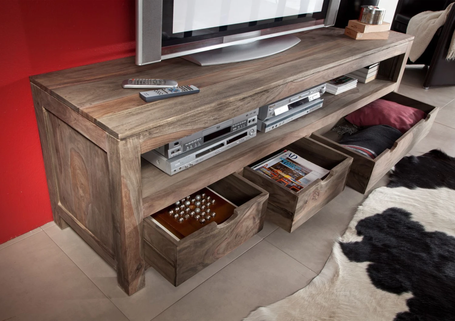 Mobile TV In Legno Di Sheesham / Palissandro 190x50x60 Grigio Scuro Oliato NATURE GREY #44 4 Mobile TV In Legno Di Sheesham / Palissandro 190x50x60 Grigio Scuro Oliato NATURE GREY #44 - immagine 2