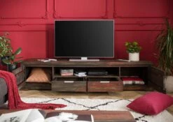 TAMBORA #873 Mobile TV In Legno Di Sheesham - Oliato / Strong Grey 205x50x45 -Massivmoebel24 09 313 556 0804 4