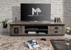 Mobile TV In Legno Di Mango 200x55x50 Grigio Scuro Laccato RAILWAY #236 -Massivmoebel24 09 313 772 1030 3