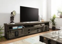 Mobile TV In Legno Di Mango 260x50x60 Grigio Scuro Laccato RAILWAY