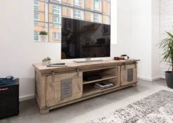 Mobile TV In Legno Di Mango 180x55x50 Sbiancato Laccato RAILWAY #335