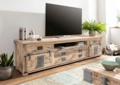 Mobile TV In Legno Di Mango 240x50x60 Sbiancato Laccato RAILWAY -Massivmoebel24 09 313 772 2056 1
