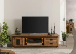 Mobile Tv In Legno Di Mango / Legno Riciclato 200x55x50 Laccato Naturale RAILWAY LUX #131