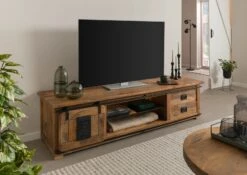 Mobile Tv In Legno Di Mango / Legno Riciclato 200x55x50 Laccato Naturale RAILWAY LUX #131 -Massivmoebel24 09 313 773 0031 03