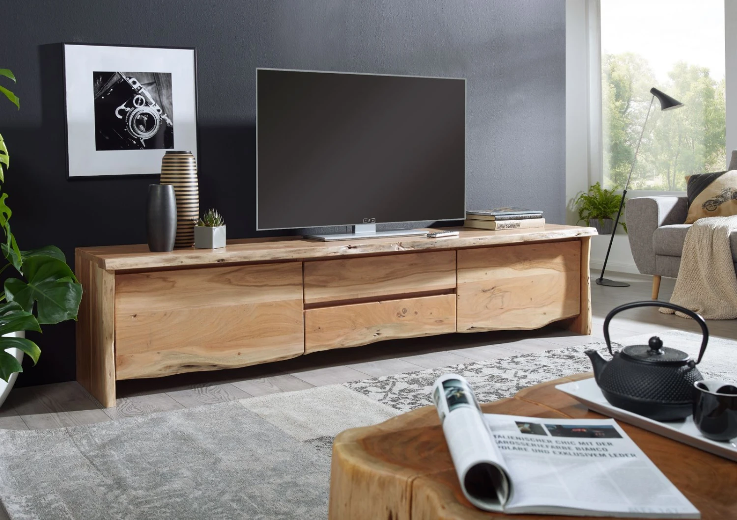 Mobile TV In Legno Di Acacia 220x45x50 Acacia Naturale Laccato PURE ACACIA #704 3 Mobile TV In Legno Di Acacia 220x45x50 Acacia Naturale Laccato PURE ACACIA #704