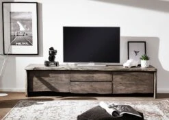 Mobile TV In Legno Di Acacia 220x45x50 Grigio Scuro Laccato PURE ACACIA #904 -Massivmoebel24 09 313 886 9004 3