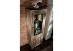 Vetrina In Legno Di Sheesham / Palissandro 65x42x190 Grigio Scuro Oliato NATURE GREY #53 -Massivmoebel24 09 320 550 0053 2