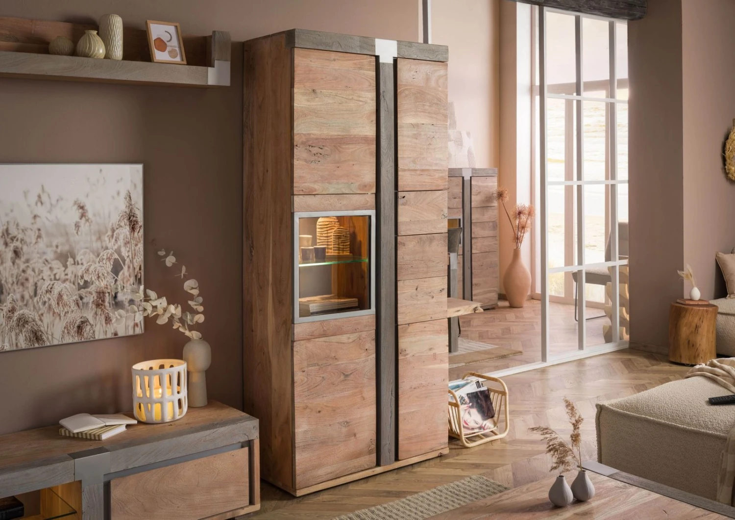 Vetrina In Legno Di Acacia 90x45x204 Naturale Laccato AMSTERDAM #108 4 Vetrina In Legno Di Acacia 90x45x204 Naturale Laccato AMSTERDAM #108 - immagine 2