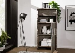 Vetrina In Legno Di Acacia 71x45x147 Grigio Scuro Laccato PURE ACACIA #405 -Massivmoebel24 09 320 886 4005 4