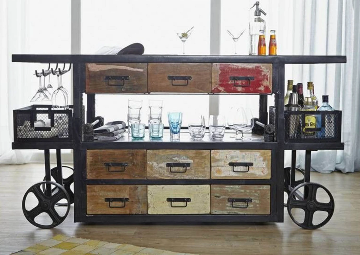 INDUSTRIAL #17 Mobile Bar In Legno Riciclato E Ferro - Laccato Multicolore 168x56x85 6 INDUSTRIAL #17 Mobile Bar In Legno Riciclato E Ferro - Laccato Multicolore 168x56x85 - immagine 4