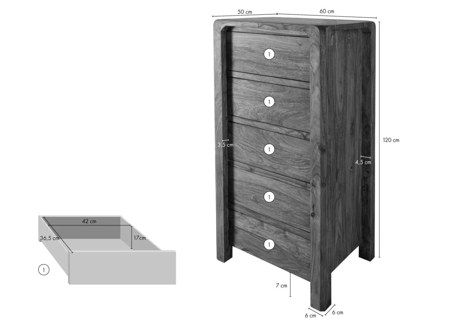 BUENO #1003 Cassettiera In Legno Di Sheesham - Oliato / Marrone 60x50x120 10 BUENO #1003 Cassettiera In Legno Di Sheesham - Oliato / Marrone 60x50x120 - immagine 8