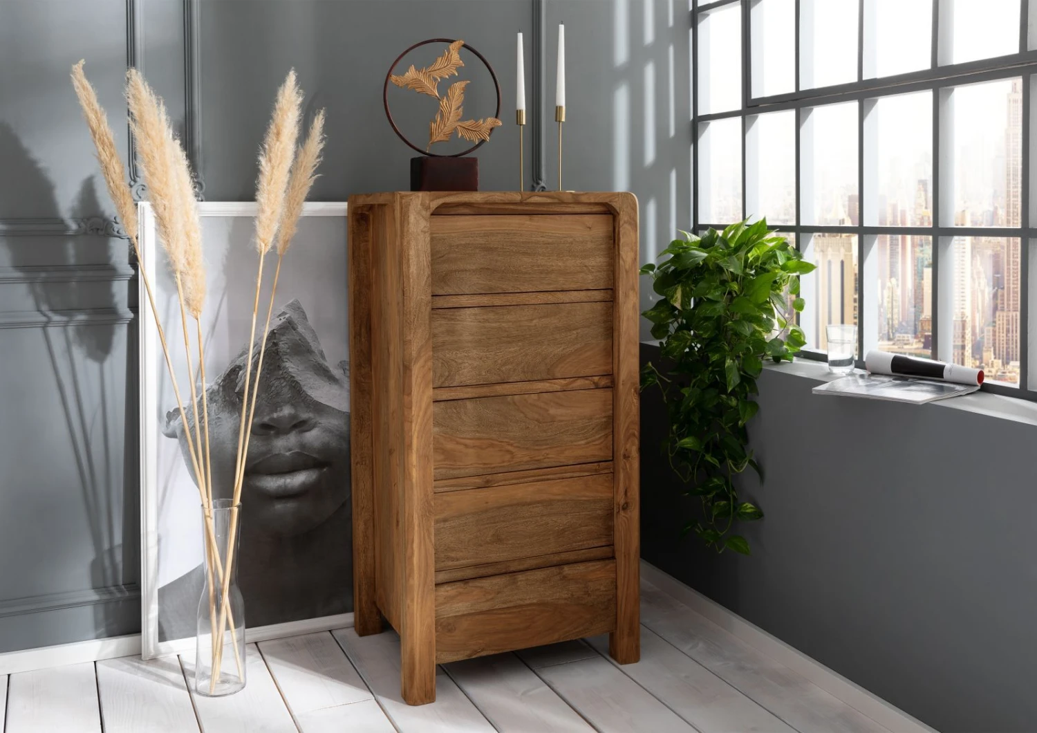 BUENO #1003 Cassettiera In Legno Di Sheesham - Oliato / Marrone 60x50x120 3 BUENO #1003 Cassettiera In Legno Di Sheesham - Oliato / Marrone 60x50x120