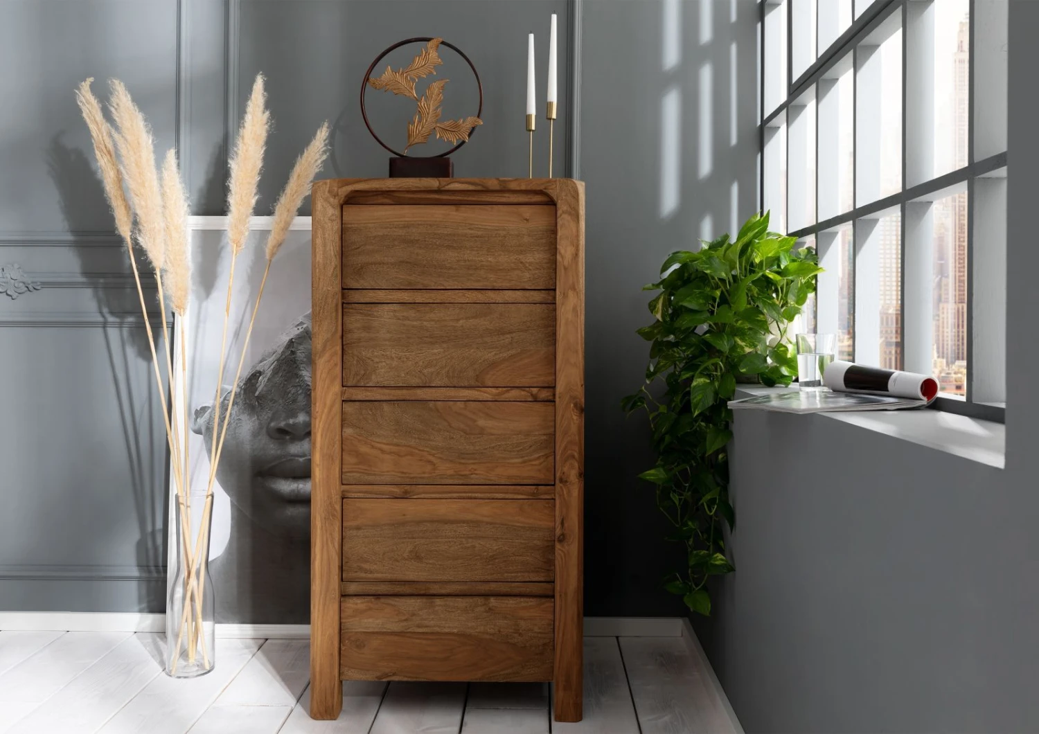 BUENO #1003 Cassettiera In Legno Di Sheesham - Oliato / Marrone 60x50x120 5 BUENO #1003 Cassettiera In Legno Di Sheesham - Oliato / Marrone 60x50x120 - immagine 3