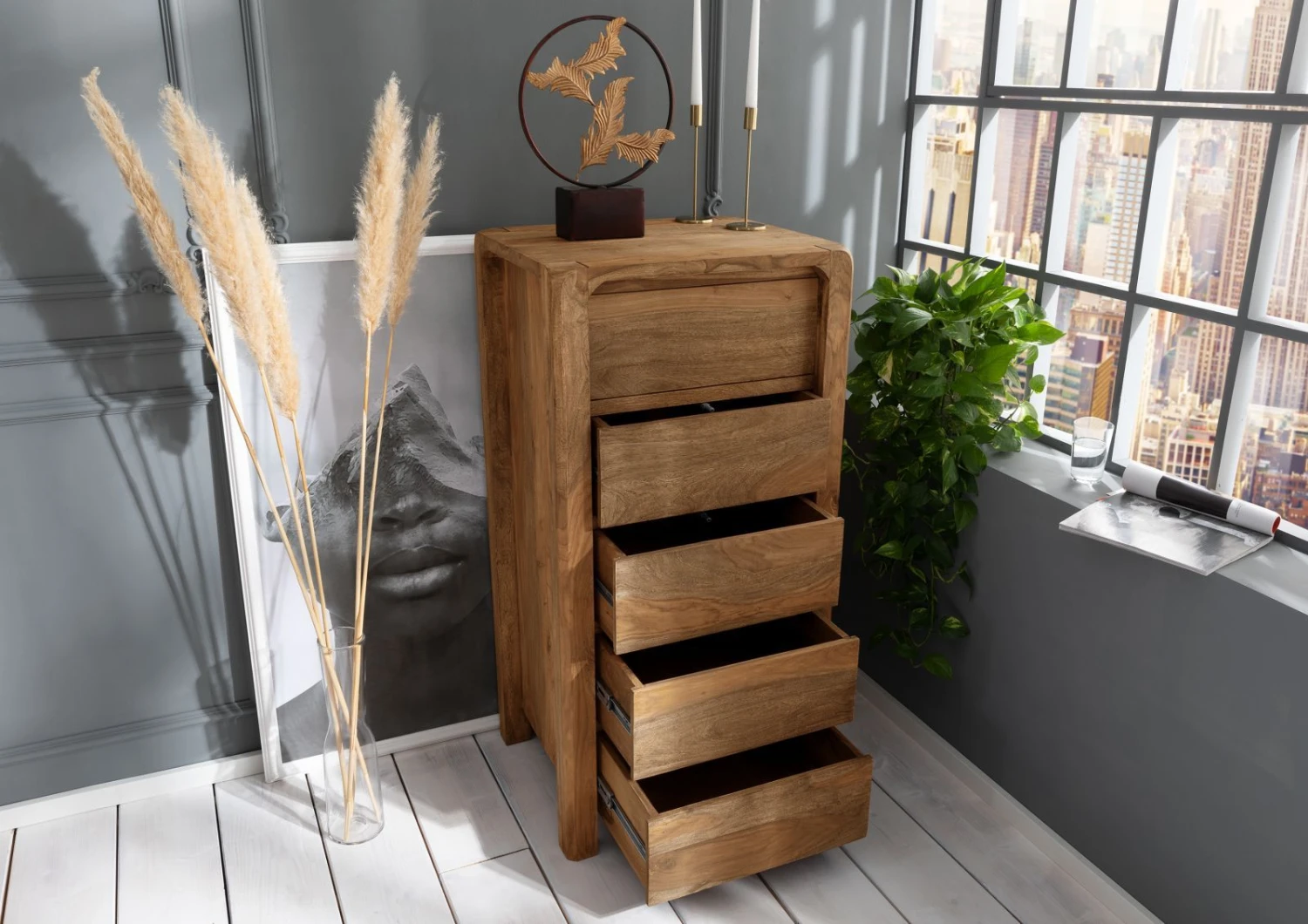 BUENO #1003 Cassettiera In Legno Di Sheesham - Oliato / Marrone 60x50x120 6 BUENO #1003 Cassettiera In Legno Di Sheesham - Oliato / Marrone 60x50x120 - immagine 4