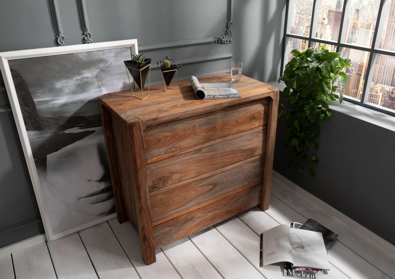 BUENO #2004 Cassettiera In Legno Di Sheesham - Oliato / Grigio 96x50x90 4 BUENO #2004 Cassettiera In Legno Di Sheesham - Oliato / Grigio 96x50x90 - immagine 2