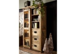 Vetrina In Legno Di Mango 100x45x175 Mango Naturale Laccato RAILWAY #126 -Massivmoebel24 09 330 772 0026 03