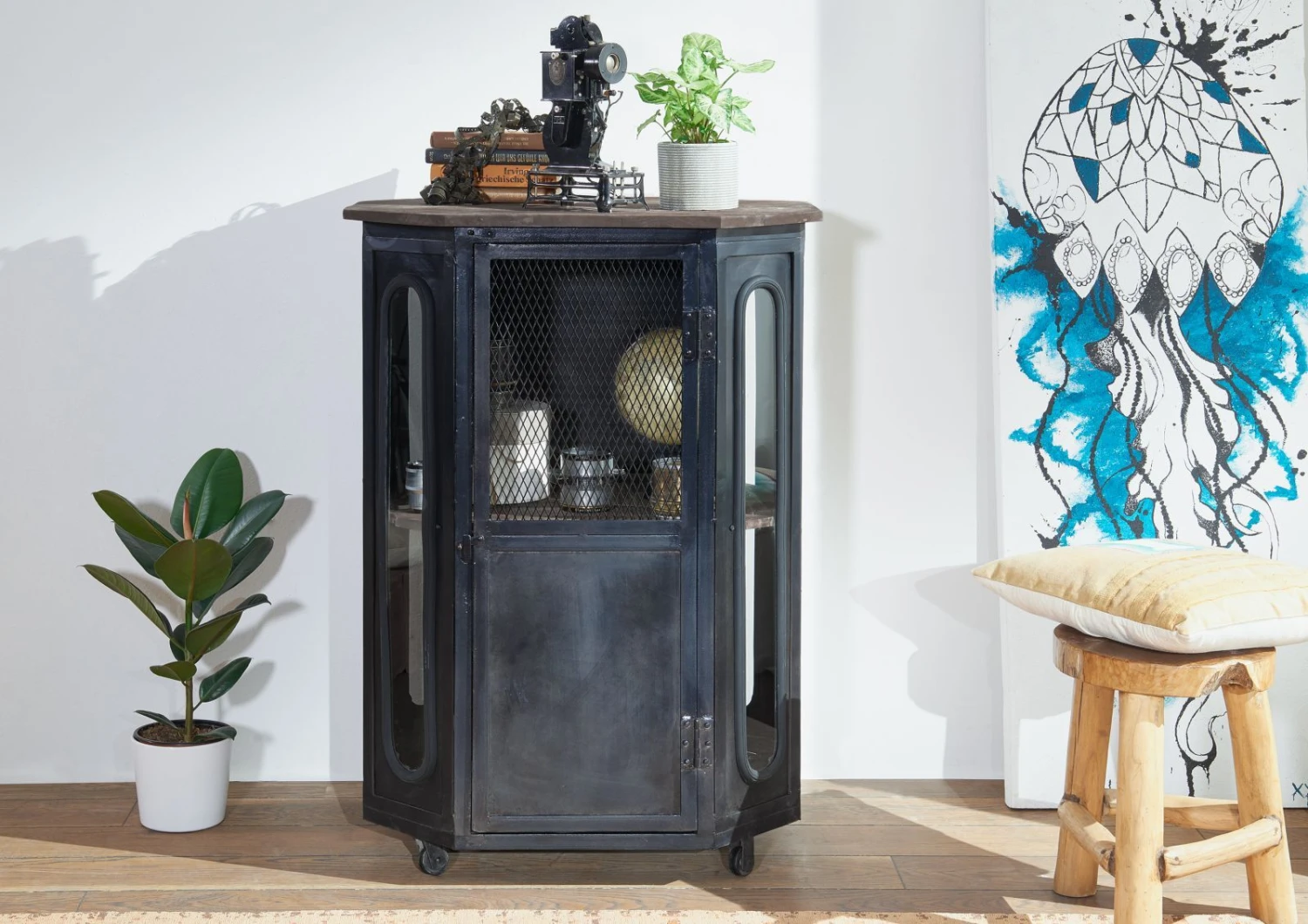 Vetrina In Legno Di Mango 76x60x120 Grigio Scuro Laccato RAILWAY #230 6 Vetrina In Legno Di Mango 76x60x120 Grigio Scuro Laccato RAILWAY #230 - immagine 4