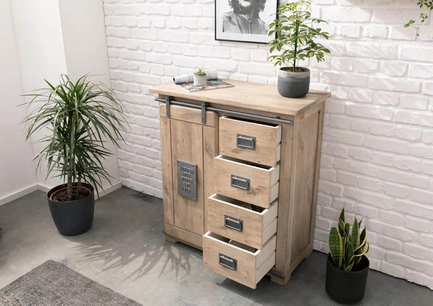 RAILWAY #303 Comò In Legno Di Mango - Laccato / Whitewash 90x45x100 6 RAILWAY #303 Comò In Legno Di Mango - Laccato / Whitewash 90x45x100 - immagine 4