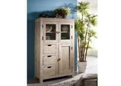 Vetrina In Legno Di Acacia 90x45x148 Pietra Bianca Sbiancato NATURE WHITE #62