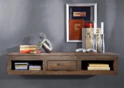 Scaffale In Legno Di Sheesham / Palissandro 110x25x20 Grigio Scuro Oliato NATURE GREY #0107 -Massivmoebel24 09 350 550 3007 3