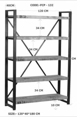 Scaffale In Legno Di Mango 120x40x180 Mango Naturale Stampato FACTORY #132 -Massivmoebel24 09 350 559 1032 8