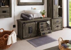 RAILWAY #277 Mobile Lavabo In Legno Di Mango - Laccato / Grigio 120x40x60 -Massivmoebel24 09 350 772 1077 3