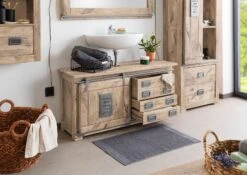 RAILWAY #377 Mobile Lavabo In Legno Di Mango - Laccato / Sbiancato 120x40x60 -Massivmoebel24 09 350 772 2077 3