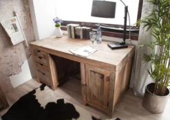 Scrivania In Legno Di Sheesham / Palissandro 150x75x78 Grigio Scuro Oliato NATURE GREY #70 -Massivmoebel24 09 360 550 0070 2