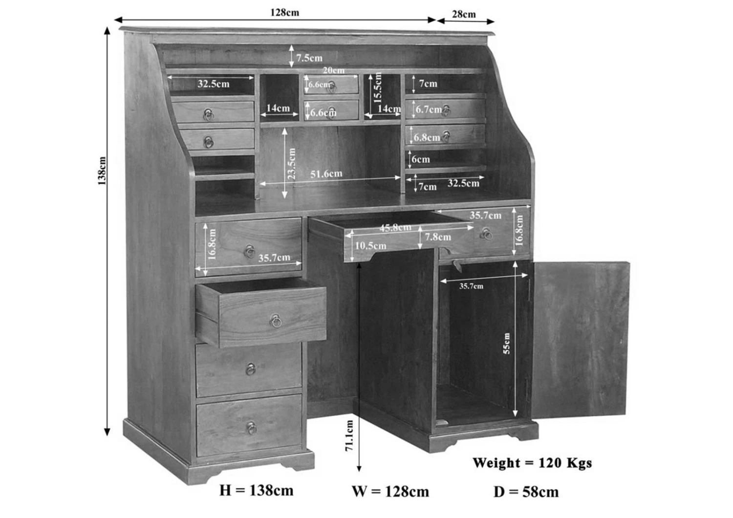 OXFORD #0516 Scrivania In Legno Di Acacia - Laccato / Miele 128x58x138 7 OXFORD #0516 Scrivania In Legno Di Acacia - Laccato / Miele 128x58x138 - immagine 5