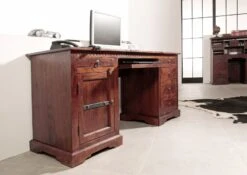 Scrivania In Legno Di Acacia 158x54x76 Nougat Laccato OXFORD #522 -Massivmoebel24 09 360 620 0P18 4