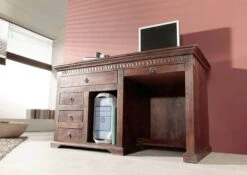 Scrivania In Legno Di Acacia 140x64x80 Nougat Laccato OXFORD #511 -Massivmoebel24 09 360 620 0P34 2