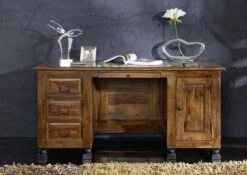 Scrivania In Legno Di Sheesham / Palissandro 150x70x75 Marrone Laccato NEW BOSTON #205 -Massivmoebel24 09 360 740 0143 2