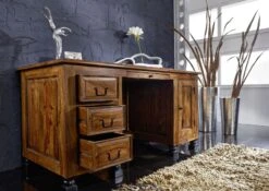 Scrivania In Legno Di Sheesham / Palissandro 150x70x75 Marrone Laccato NEW BOSTON #205 -Massivmoebel24 09 360 740 0143 3