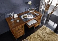 Scrivania In Legno Di Sheesham / Palissandro 150x70x75 Marrone Laccato NEW BOSTON #205 -Massivmoebel24 09 360 740 0143 4