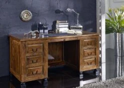 Scrivania In Legno Di Sheesham / Palissandro 150x70x75 Marrone Laccato NEW BOSTON #206